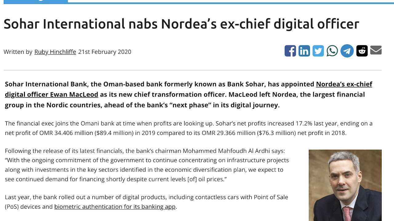 Article about Sohar International nabs Nordea's ex-chief digital officer